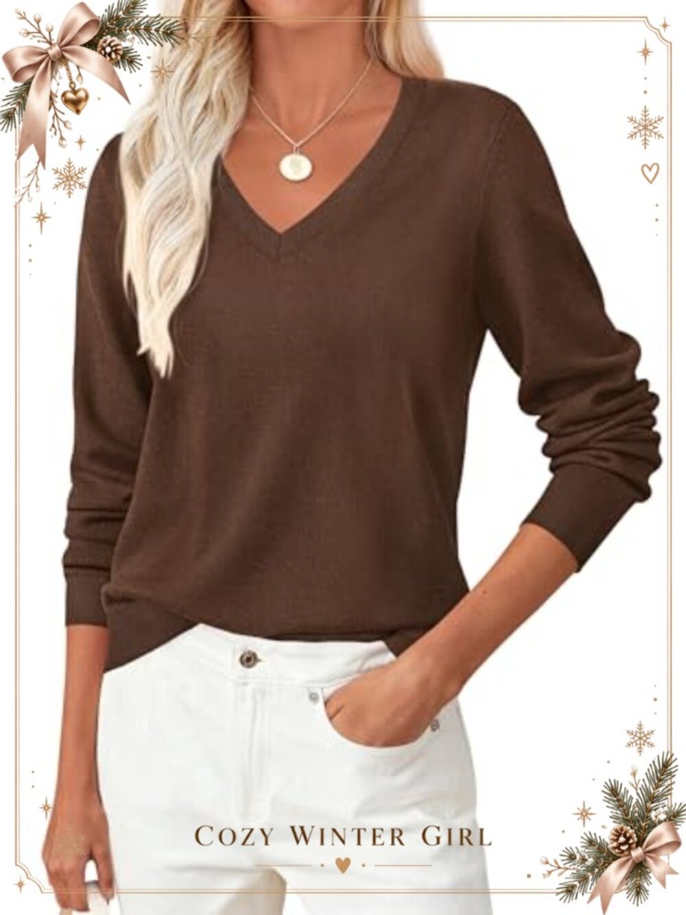 V Neck Sweater Long Sleeve Cozy Knit Pullover Ribbed Cuffs Fall Winter